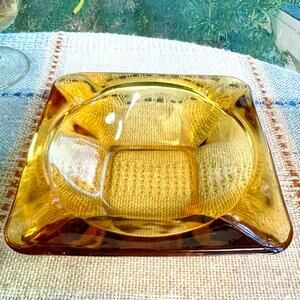 Vintage Amber Cut Glass Ashtray – 4.75” Square Mid-Century Modern